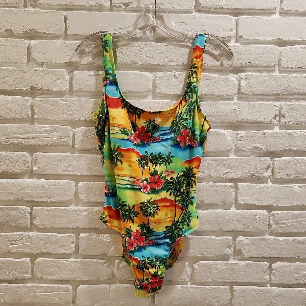 Yellow and Green One Piece Swimwear with Tropical Print and Playful Pom Poms - Picture 1 of 7